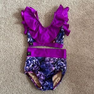 Kandi Kouture Two-Piece Dance Outfit. Child Small. Purple, Floral.